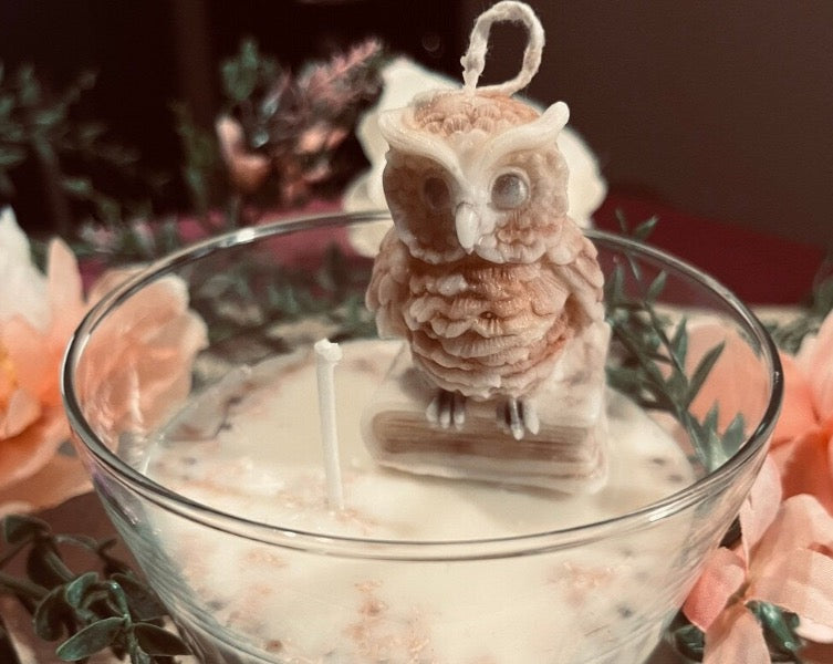 17 oz Owl Soy Candle with Dried Flowers and Mica.