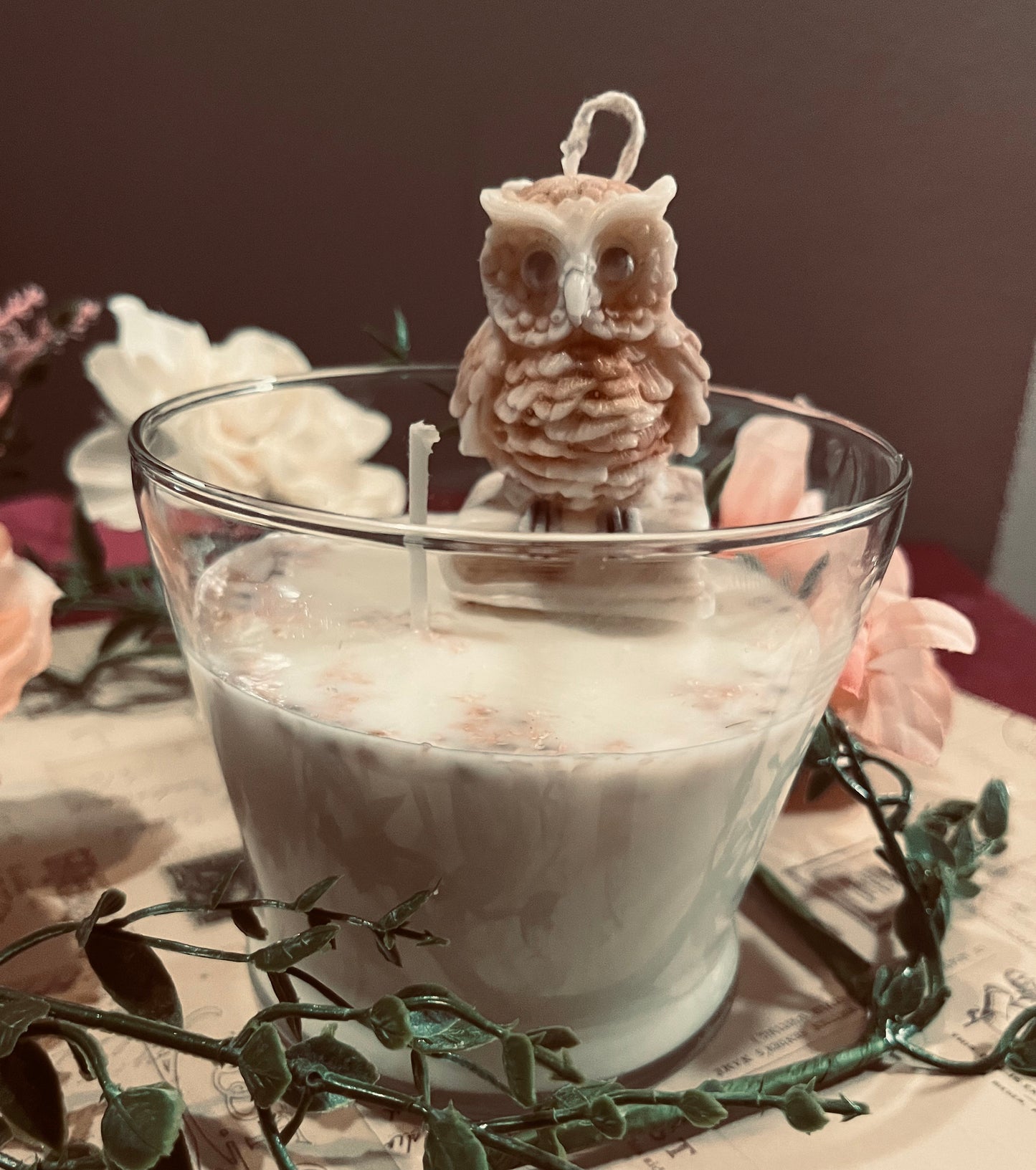 Owl Soy Candle with Dried Flowers and Mica - 17 oz Fall Candle.