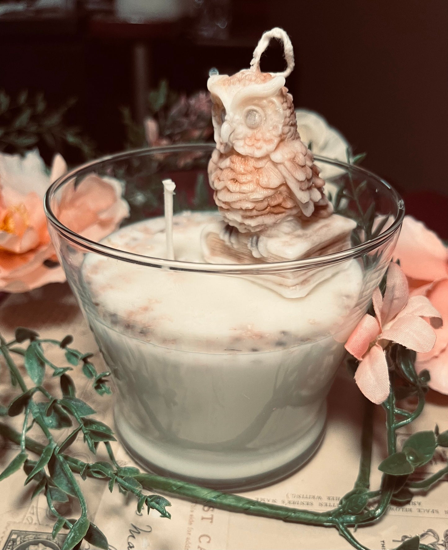 Owl Soy Candle with Dried Flowers and Mica - 17 oz Fall Candle.