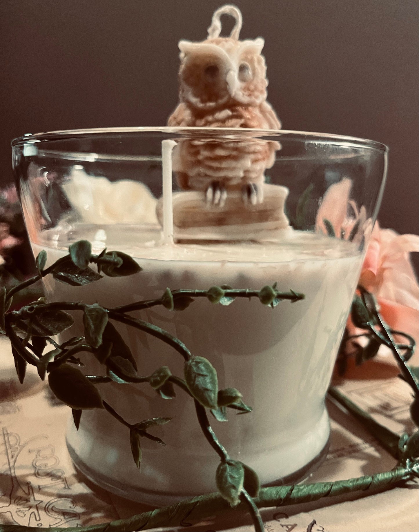 Owl Soy Candle with Dried Flowers and Mica - 17 oz Fall Candle.