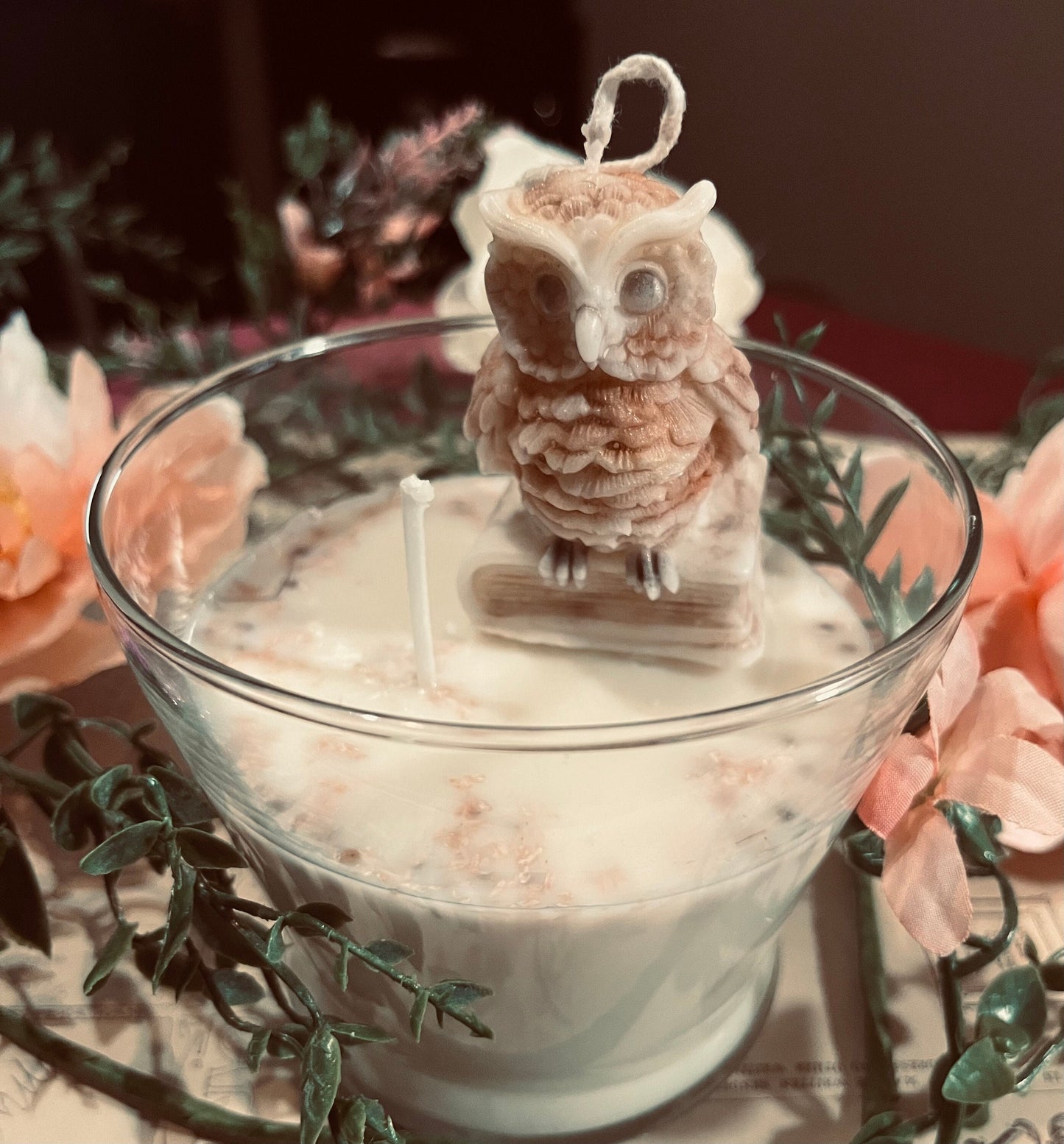 Owl Soy Candle with Dried Flowers and Mica - 17 oz Fall Candle.