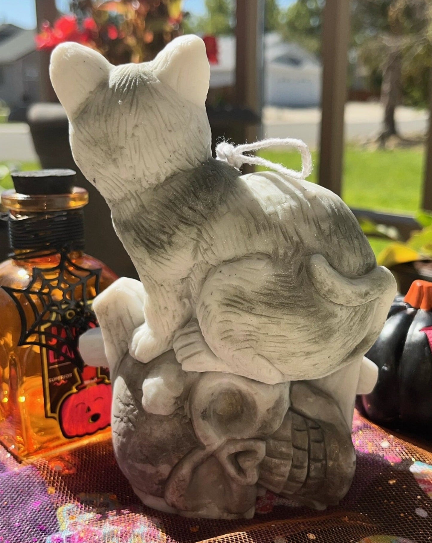 6.5" Cute Halloween Candle with Cat and Skulls
