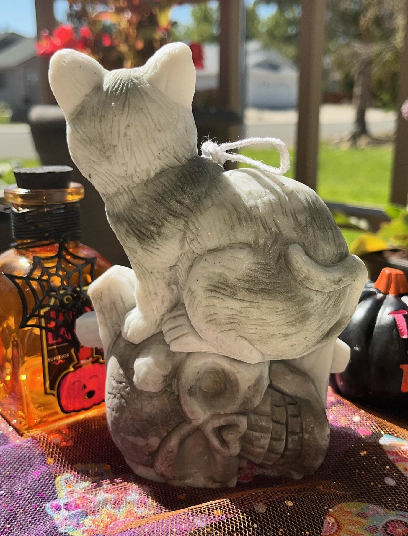 6.5" Large Halloween Candle with Cat and Skulls. Halloween spooky gift.