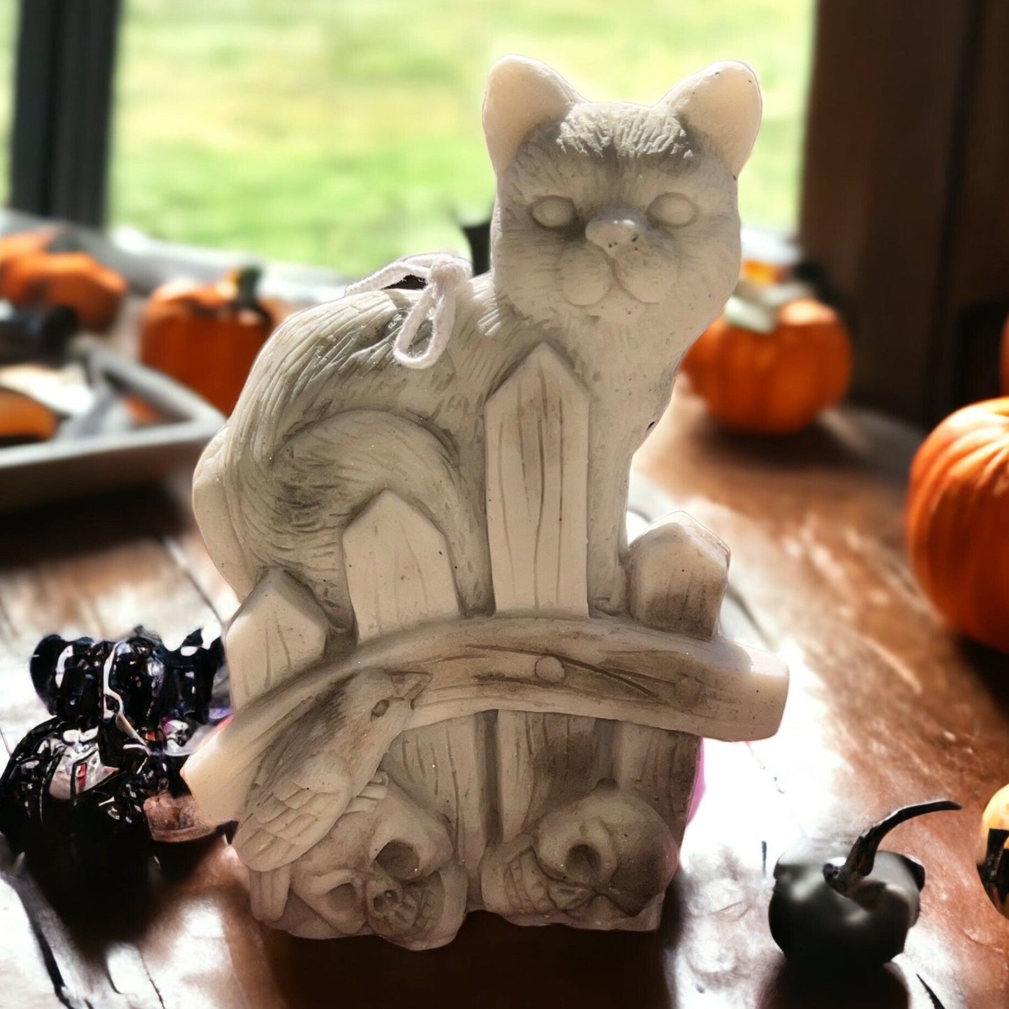 6.5" Cute Halloween Candle with Cat and Skulls