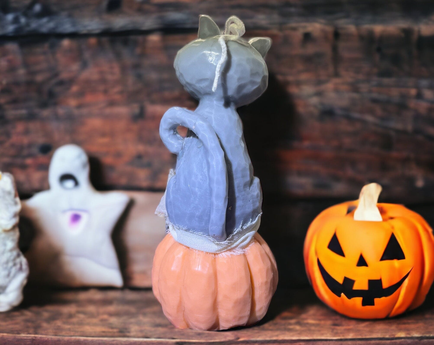 8” Cat on Pumpkin Halloween Decorative Candle