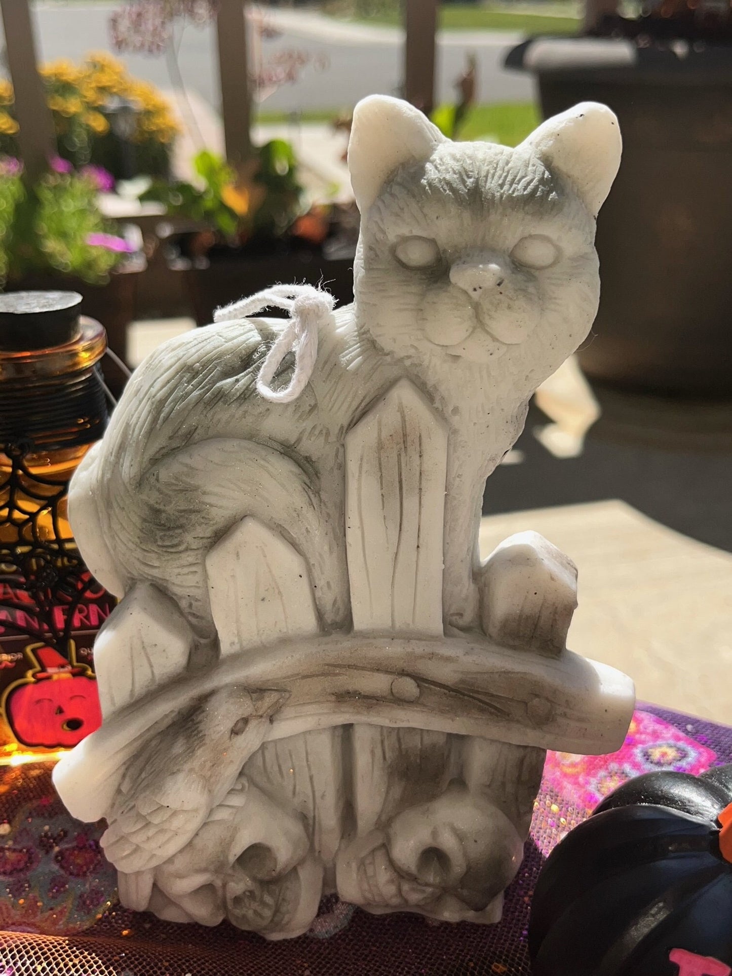 6.5" Large Halloween Candle with Cat and Skulls. Halloween spooky gift.