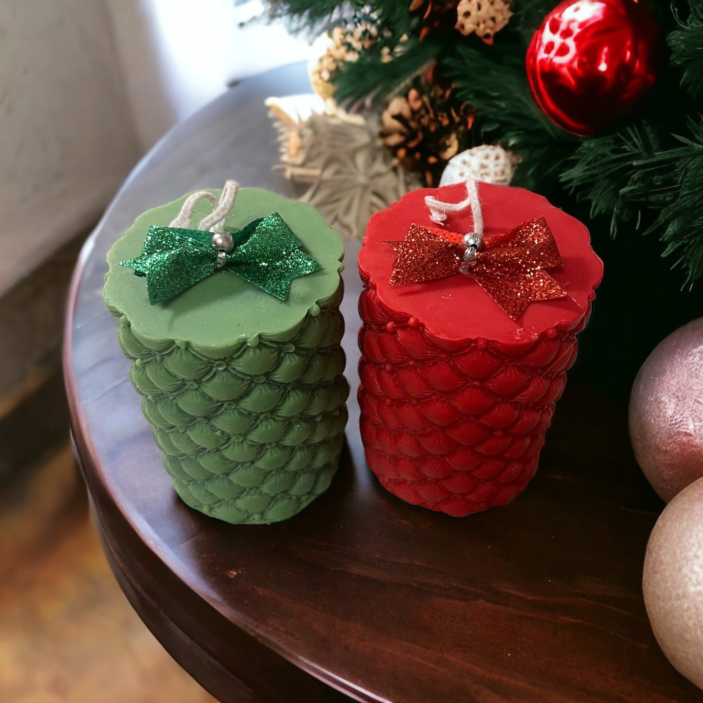 Festive Christmas Pillar Candle Set: Red and Green Faux Leather.