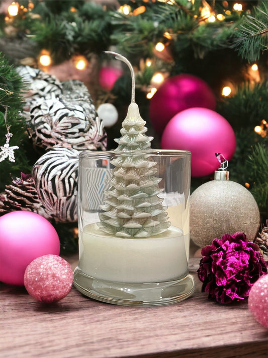 Frosted Christmas Tree Candle: Wintery Pine Scent, Green & Gold, 7 oz.