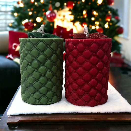 Festive Christmas Pillar Candle Set: Red and Green Faux Leather.