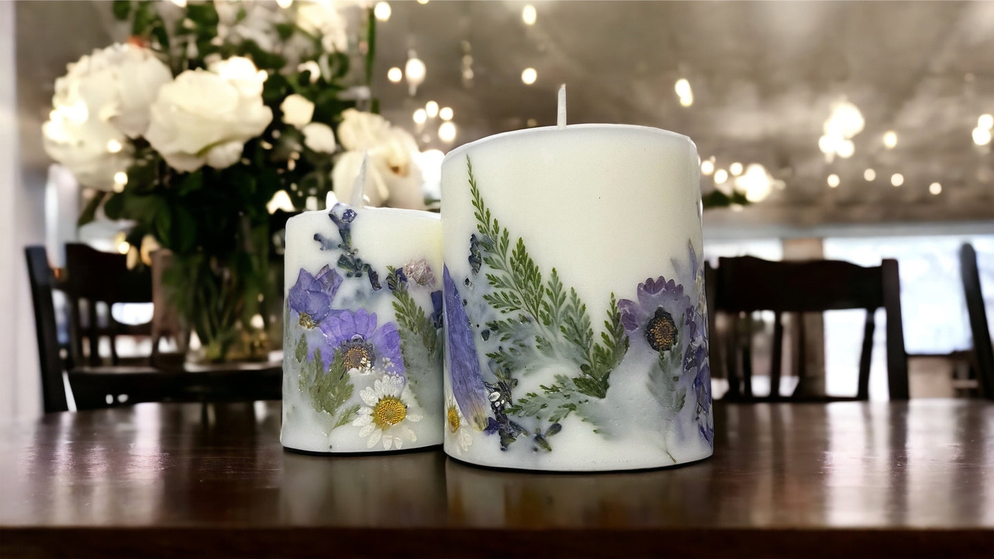 Small Beautiful Hand Pressed Paraffin/Soy Botanical Pillar Candle