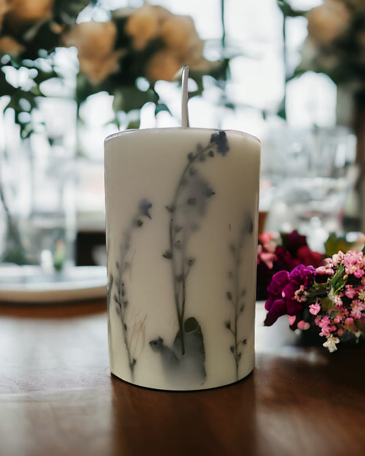 Pressed Forget Me Not Candle: Botanical Soy Wax Pillar Candle.