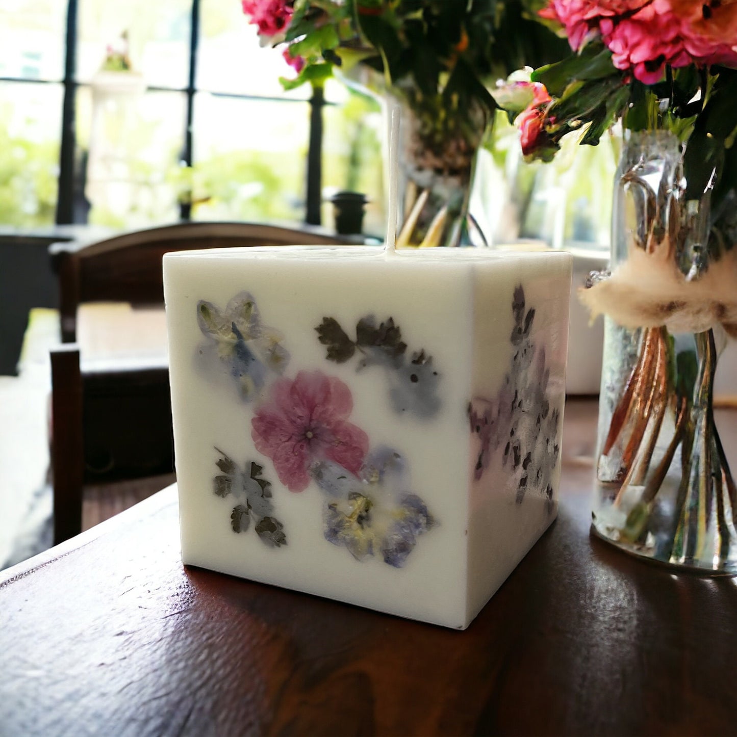 Cherry Blossom Botanical Candle: Hand Pressed Flower, 4" Square.