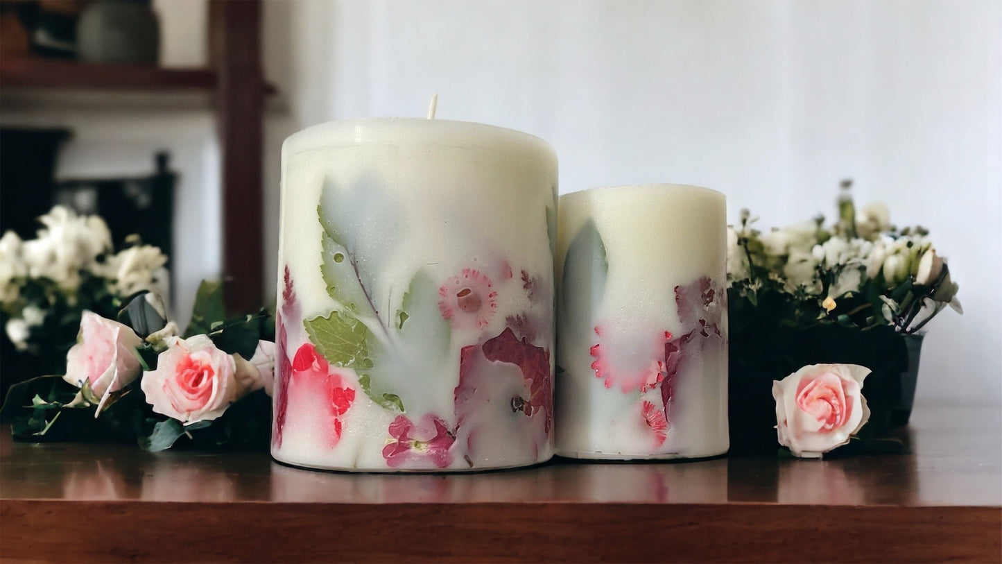 Set of Beautiful Hand Pressed Botanical Pillar Candles