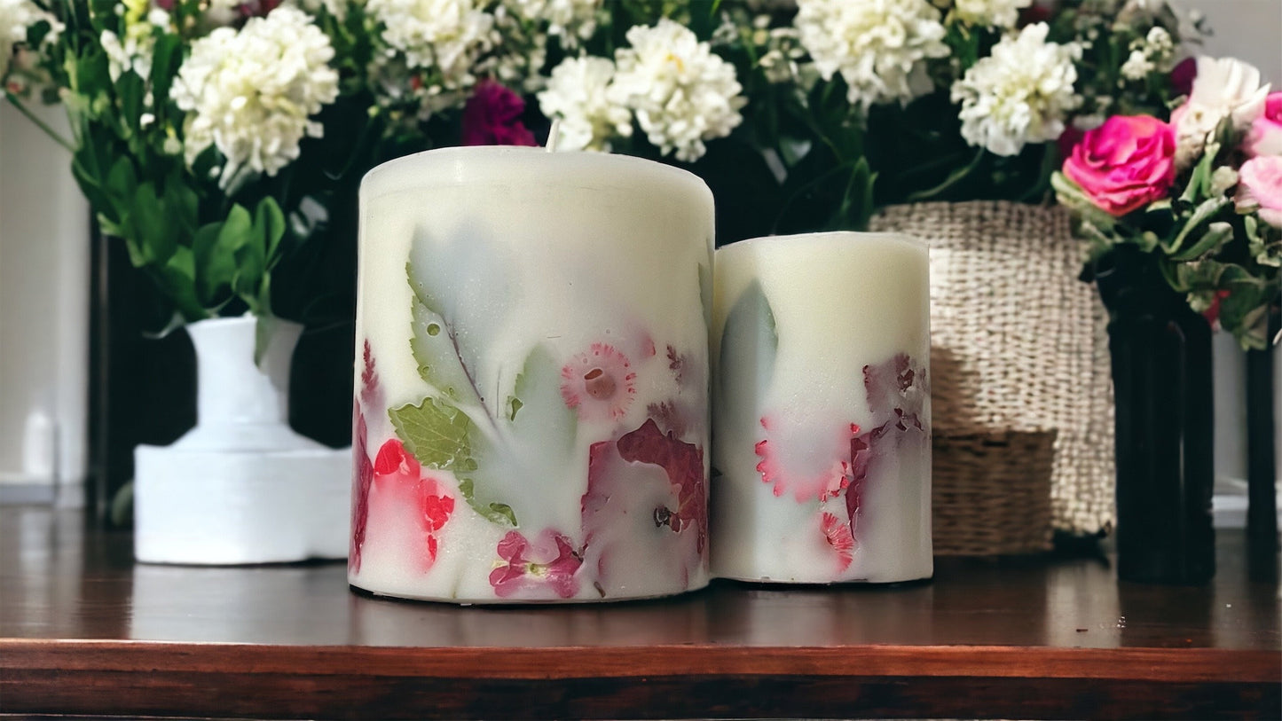 Small Beautiful Hand Pressed Paraffin/Soy Botanical Pillar Candle