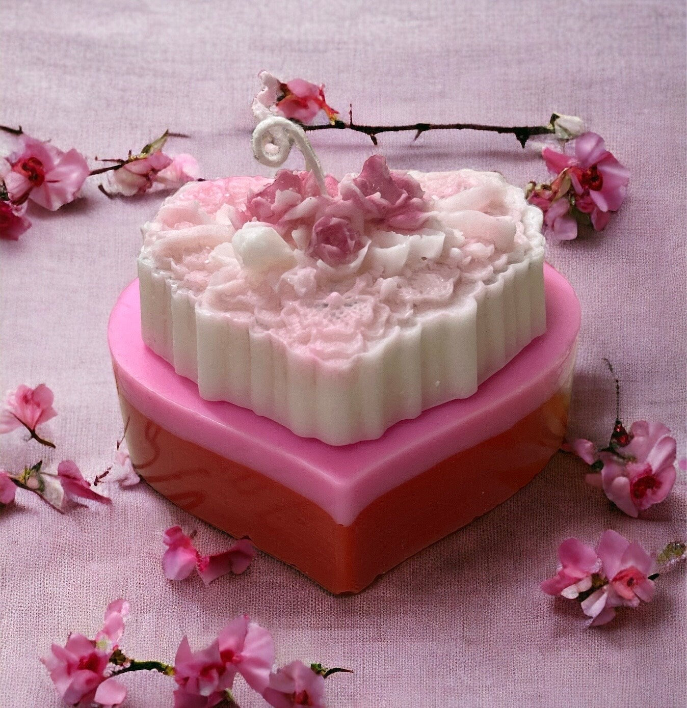 8 oz Flower Cake Pillar Candle with Lace and Roses Valentine’s GiftGifts under 25, Mother's Day gift, Birthday, Anniversary or Housewarming.