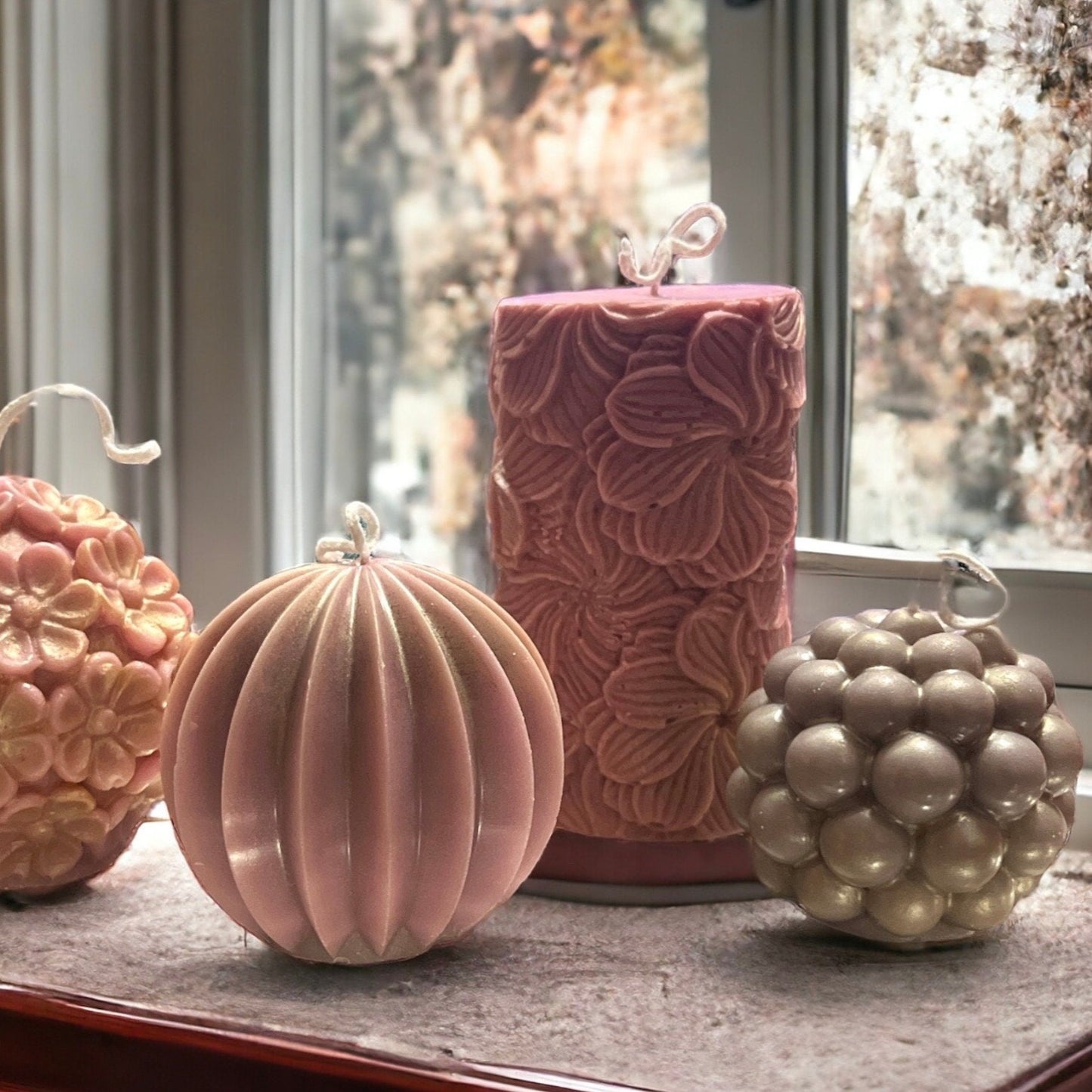 Rose Pink Blush and Grey Pillar Candles Set