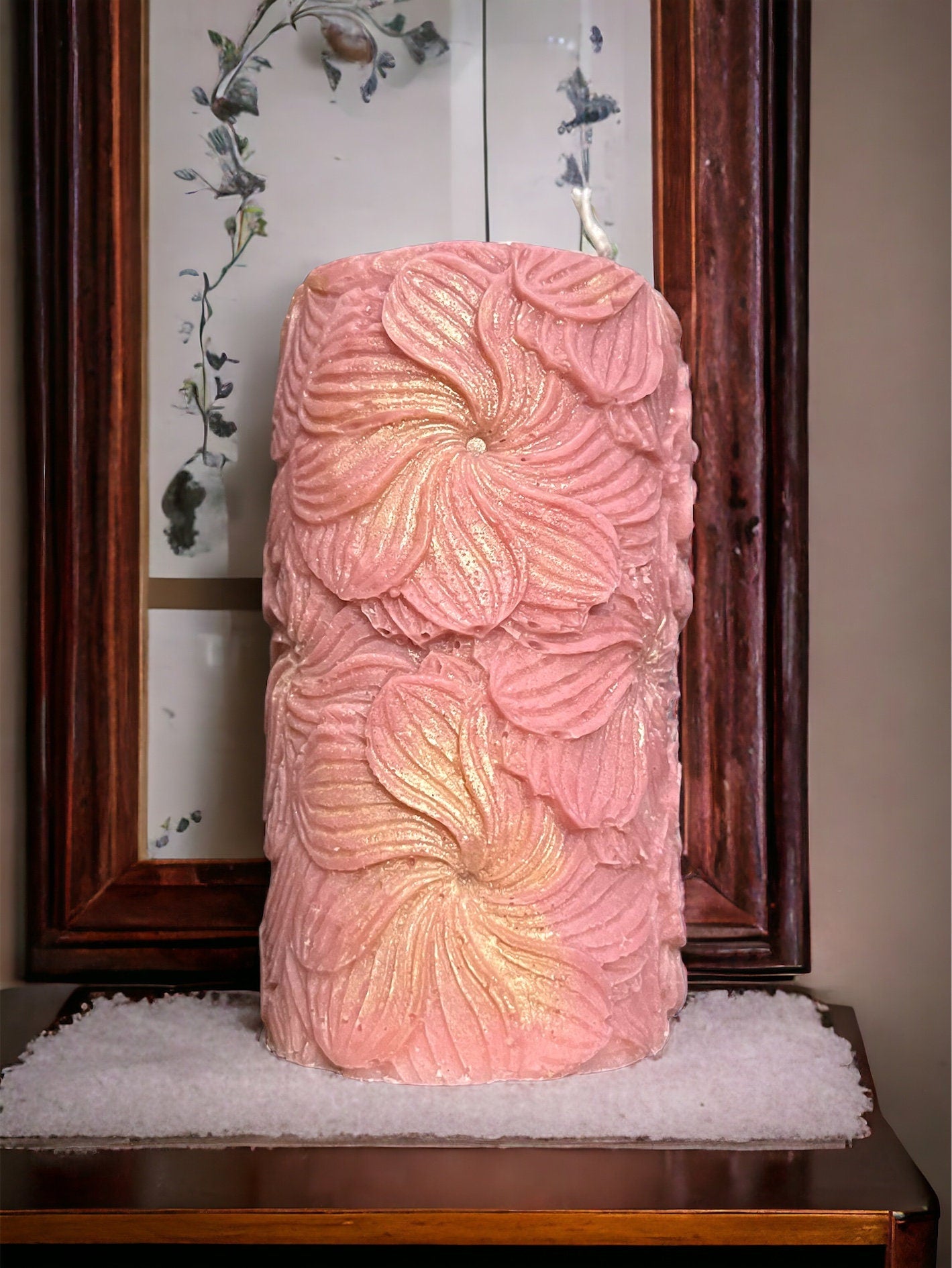 Rose Pink Pillar Candle: Floral Scented, Paraffin/Soy Wax.