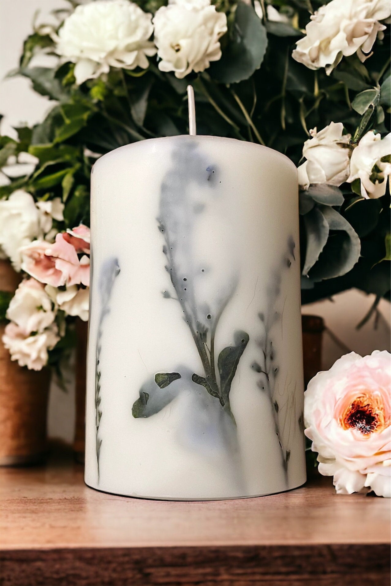 Pressed Forget Me Not Candle: Botanical Soy Wax Pillar Candle.