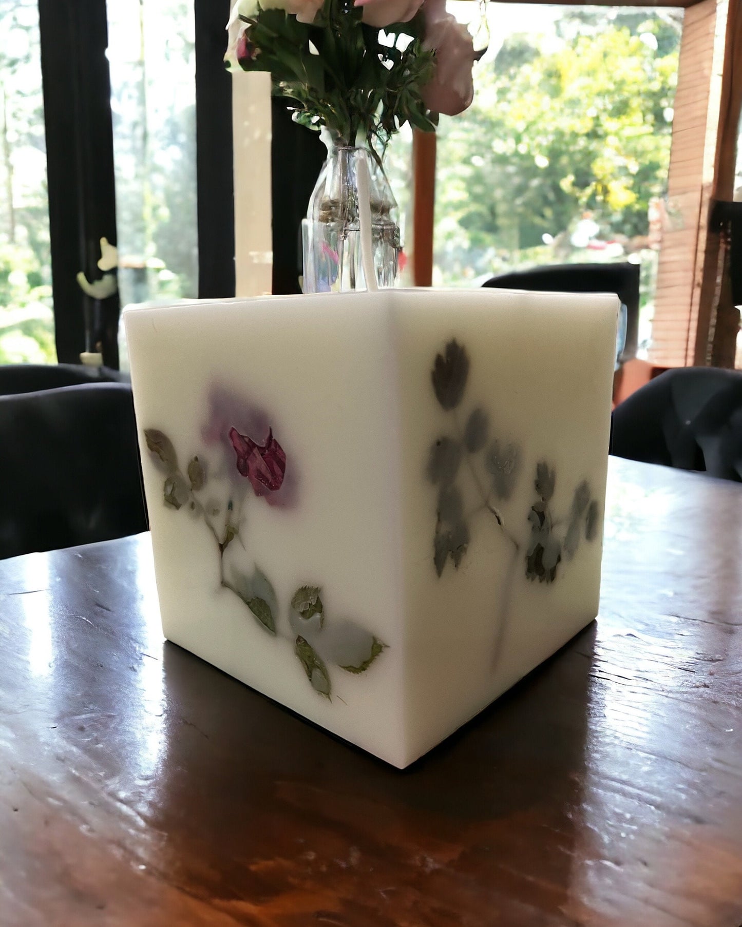 Pressed Rose Flower Candle: 3" Botanical Pillar Candle, Soy & Paraffin Wax.