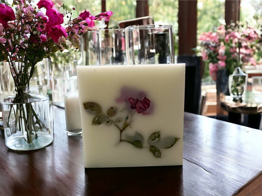 Pressed Rose Flower Candle: 3" Botanical Pillar Candle, Soy & Paraffin Wax.