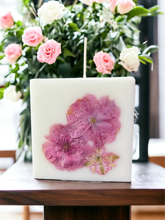 Cherry Blossom Botanical Candle: Hand Pressed Dried Flowers, 3 inch Pillar