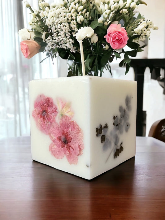 Square 3" Hand Pressed Cherry Blossom Botanical Candle