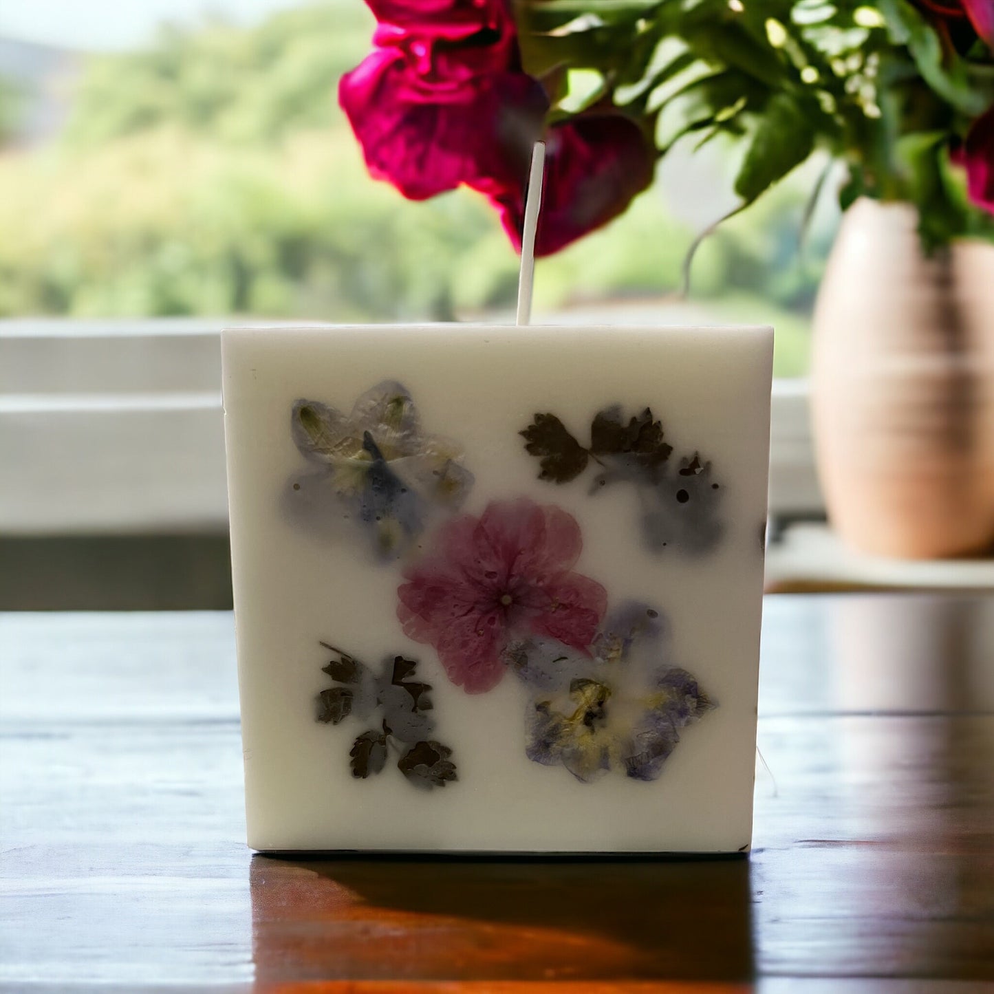 Cherry Blossom Botanical Candle: Hand Pressed Flower, 4" Square.