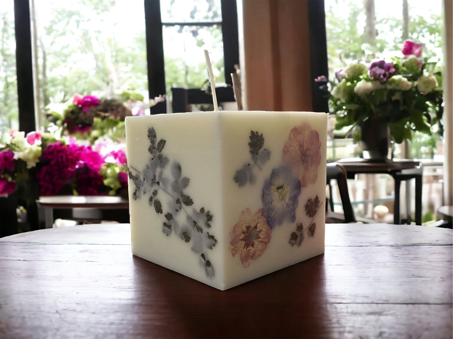 Cherry Blossom Botanical Candle: Hand Pressed Flower, 4" Square.