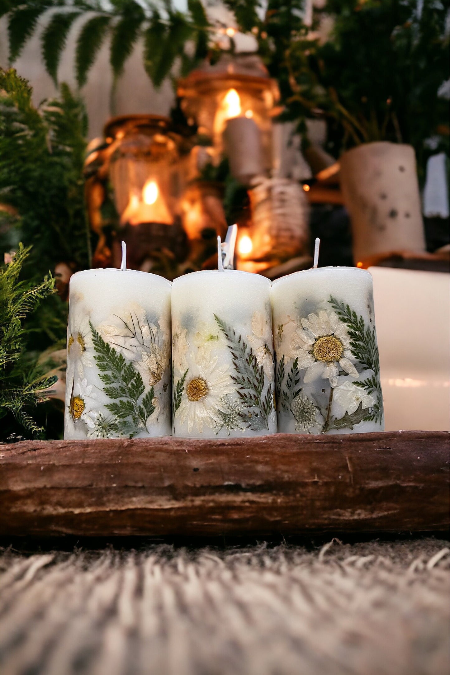 Small Beautiful Hand Pressed Paraffin/Soy Botanical Pillar Candle