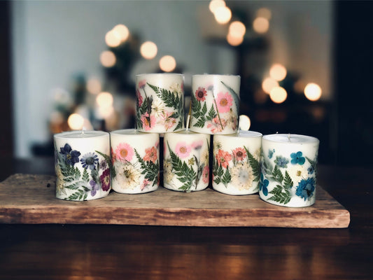 Set of Beautiful Hand Pressed Botanical Pillar Candles