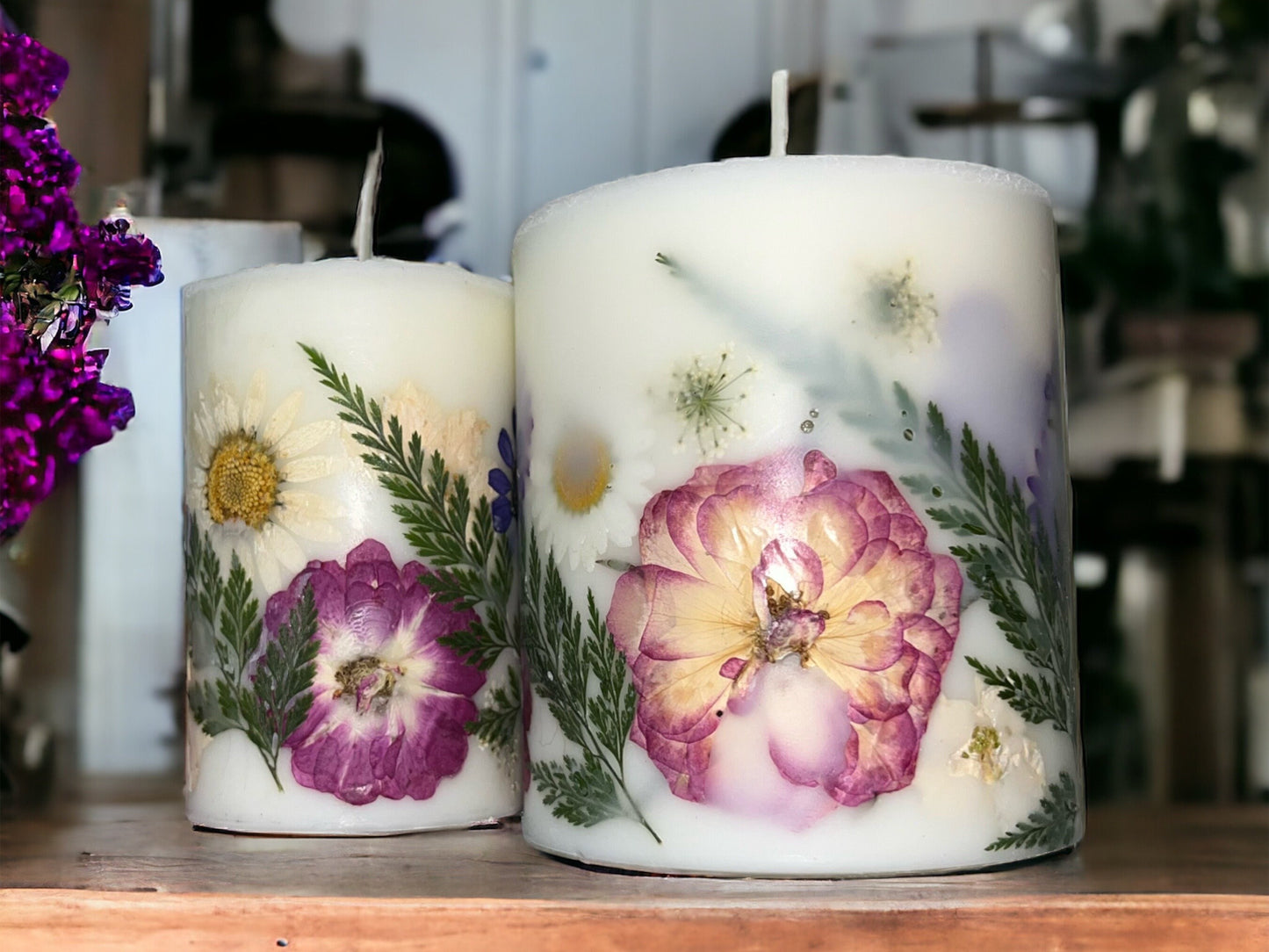 Handmade Botanical Pillar Candle Set, Real Pressed Flowers