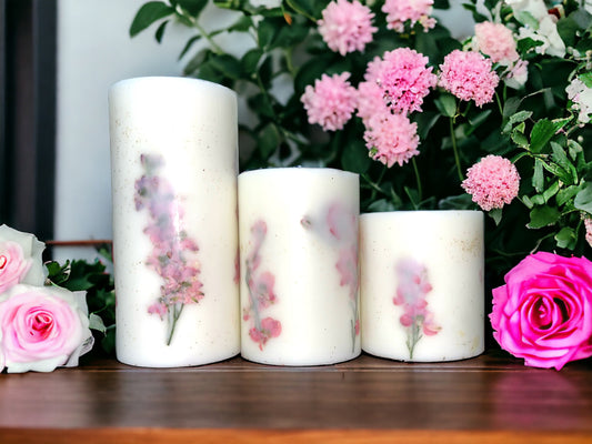 Pink Larkspur on Stem Hand Pressed Botanical Pillar Candle