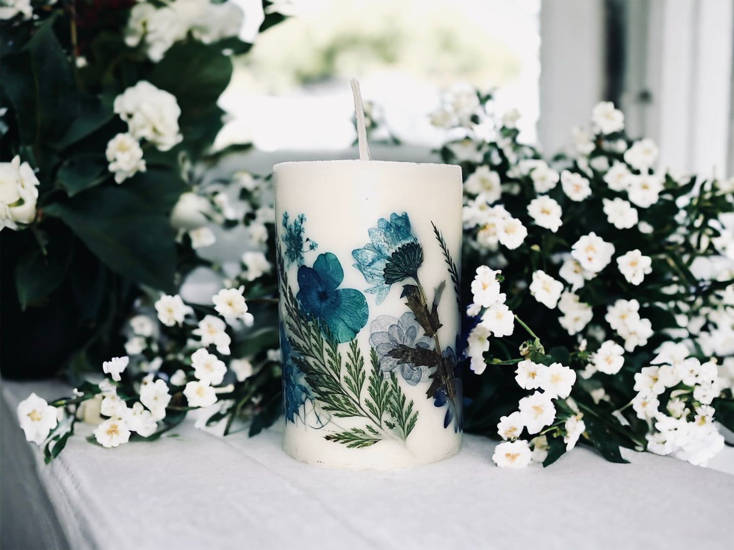 Handmade Blue Pressed Flower Botanical Pillar Candle.