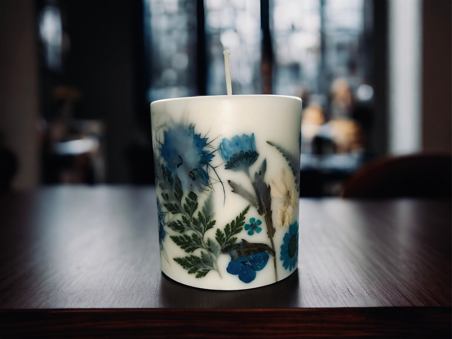 Handmade Blue Pressed Flower Botanical Pillar Candle.
