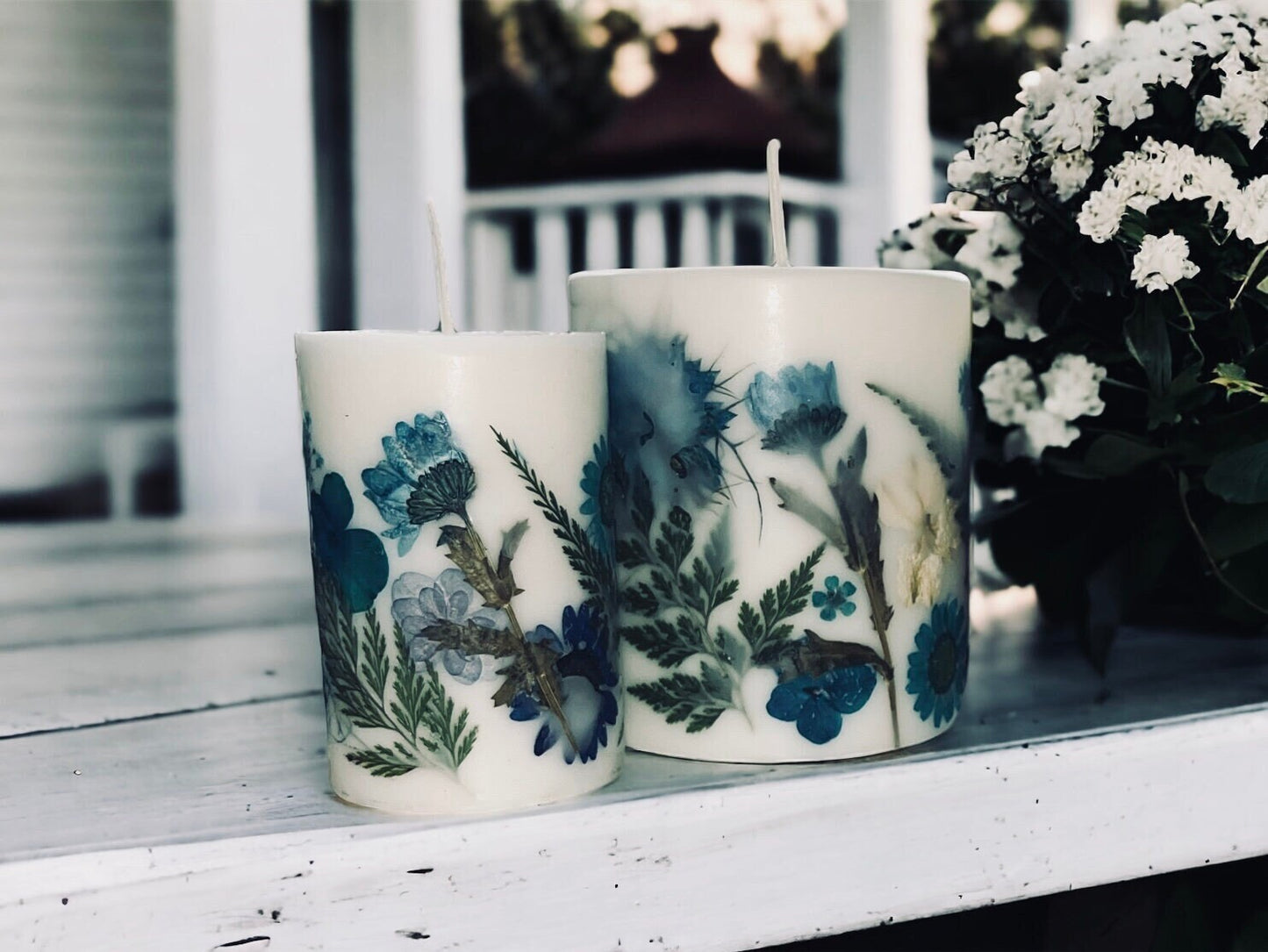 Handmade Blue Pressed Flower Botanical Pillar Candle.