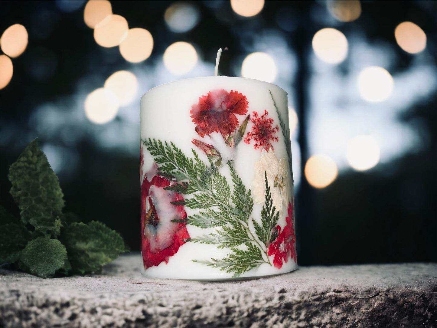 Red Pressed Flower Botanical Pillar Candle