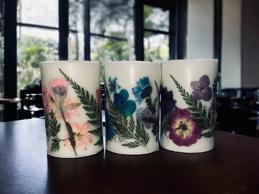 Hand Pressed Botanical Pillar Candle: Wedding Table Decor.