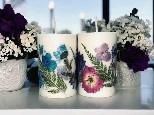 Hand Pressed 2"x3" Botanical Pillar Candle: Handmade Decorative Botanical Pillar Candles with Real  Flowers. Candle w Dried Flowers, Custom