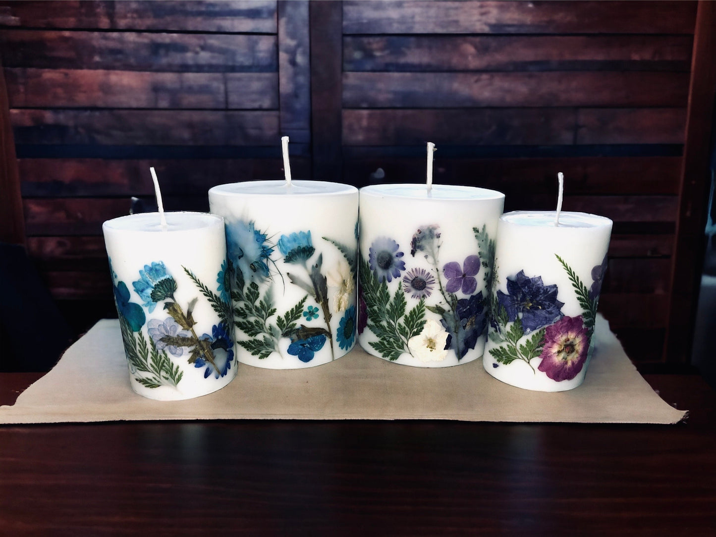 Set of Beautiful Hand Pressed Botanical Pillar Candles