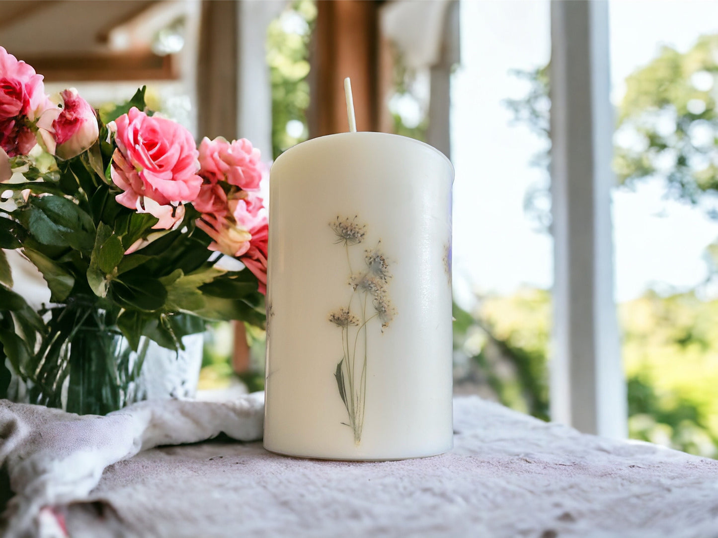 Pressed Anne's Lace Botanical Pillar Candle