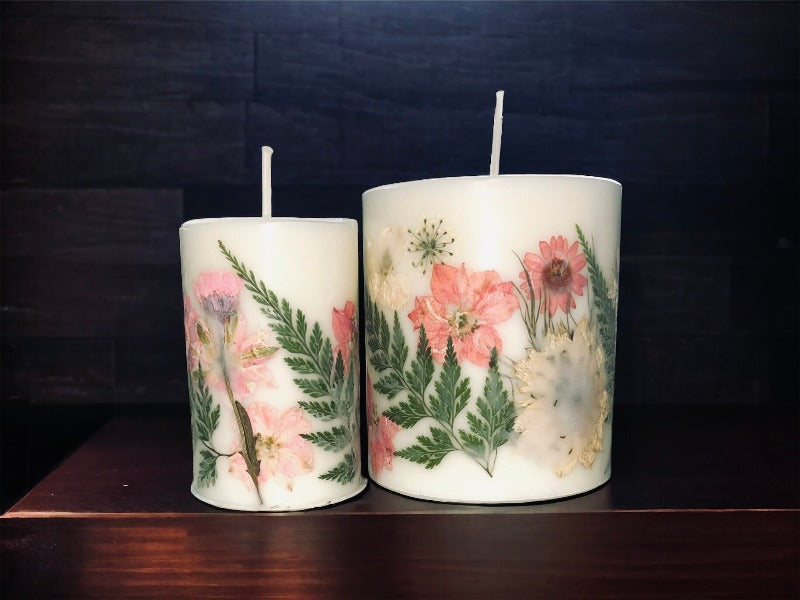 Pink Pressed Flower Botanical Pillar Candle