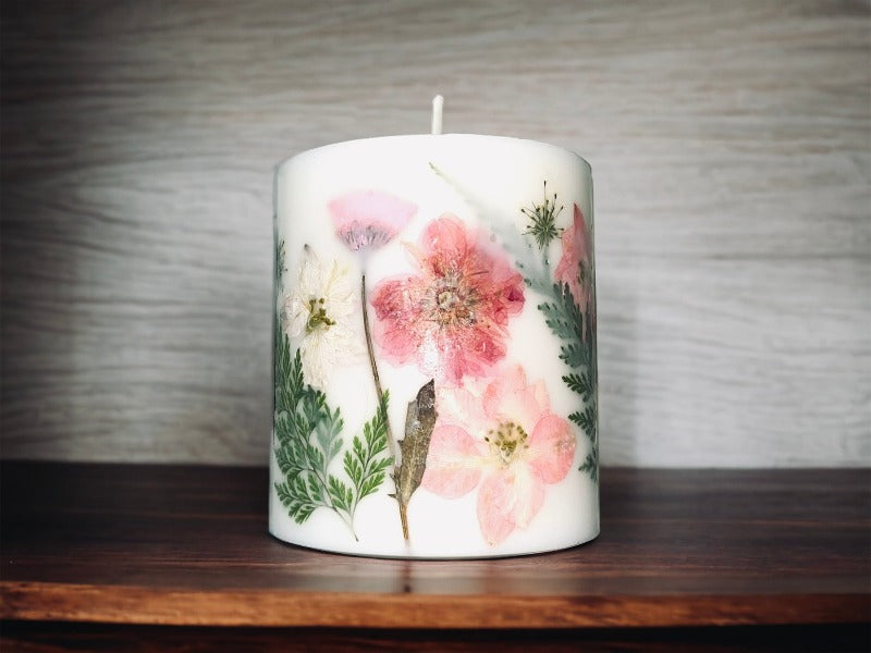 Pink Pressed Flower Botanical Pillar Candle