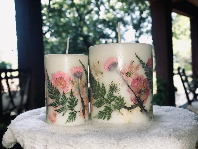Pink Pressed Flower Botanical Pillar Candle