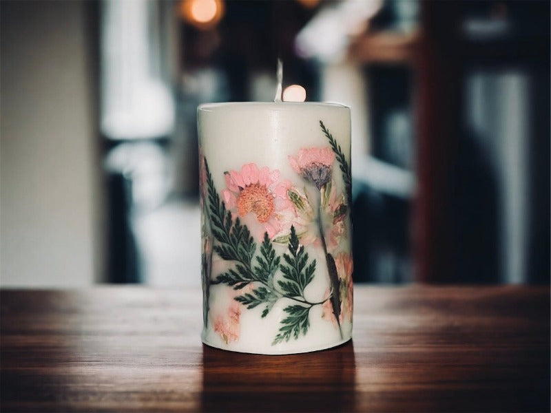 Pink Pressed Flower Botanical Pillar Candle