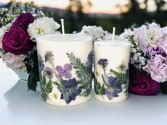 Purple Pressed Flower Botanical Pillar Candle