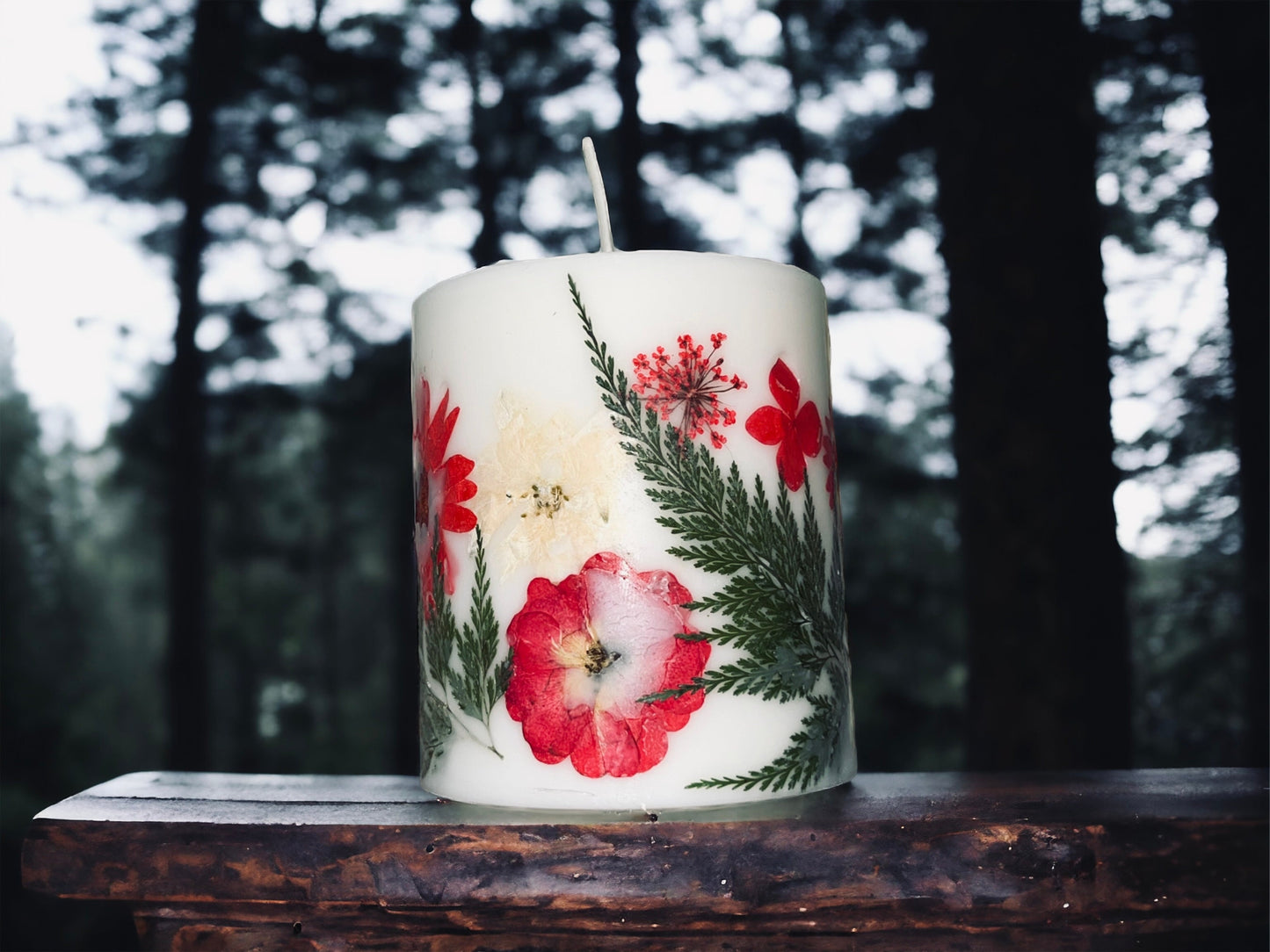 Red Pressed Flower Botanical Pillar Candle
