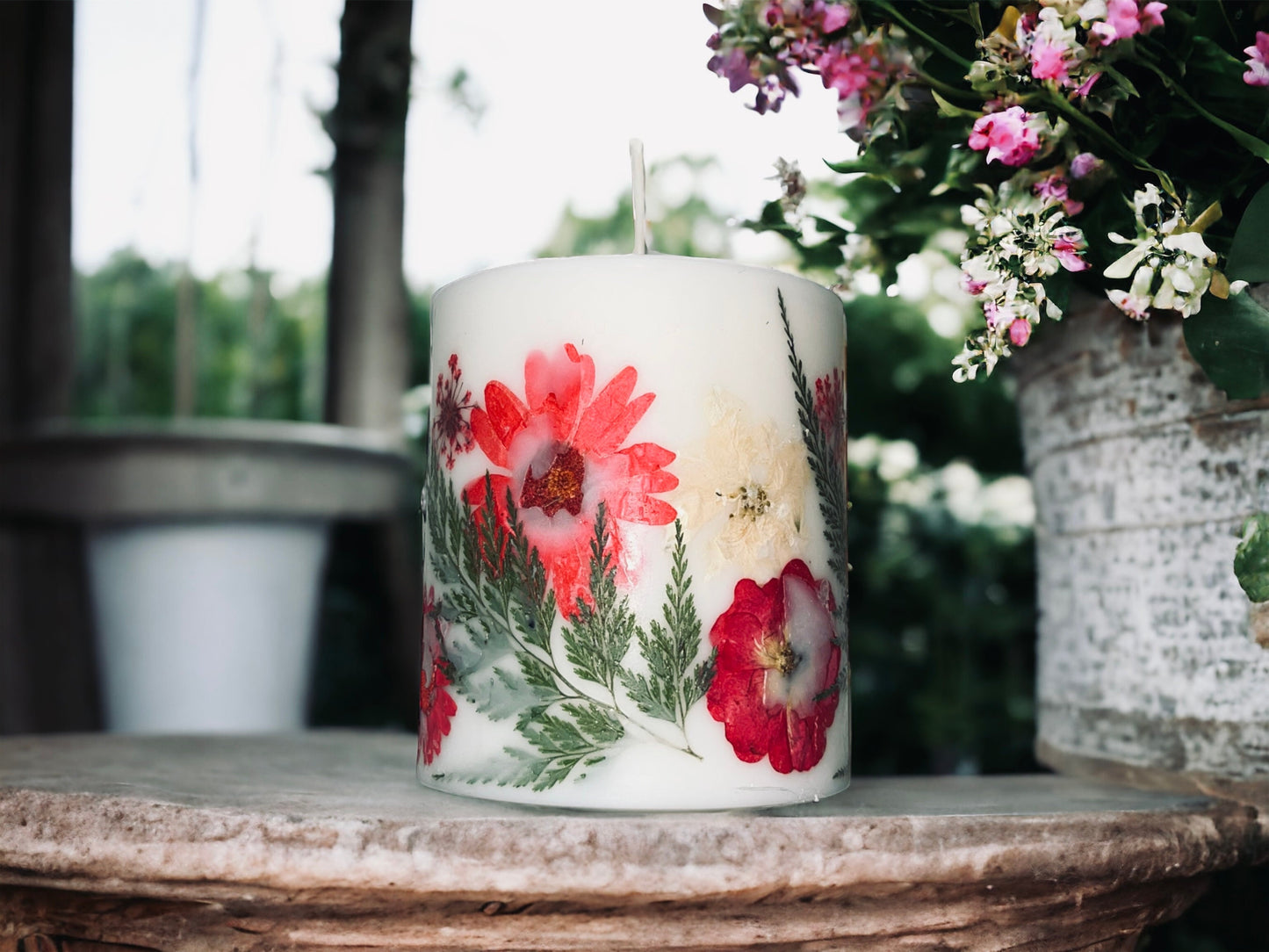 Red Pressed Flower Botanical Pillar Candle