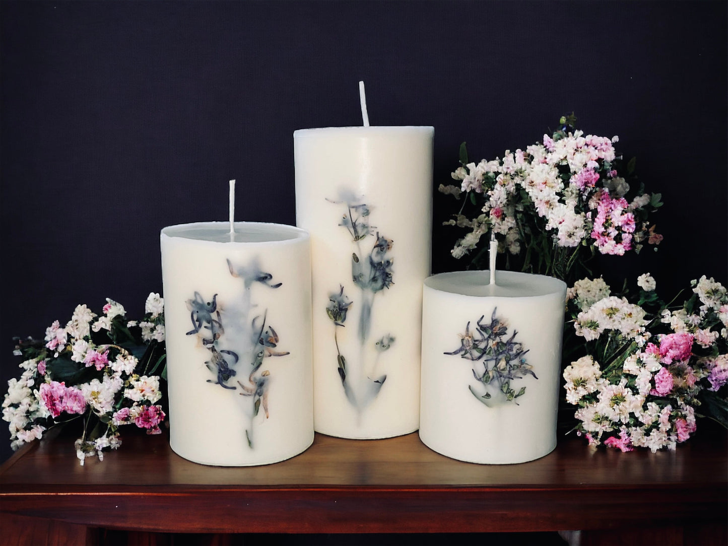 Dark Blue/White Pressed Mountain Wildcat Botanical Pillar Candle. Gifts under 15, Mother's Day, Birthday, Housewarming gift