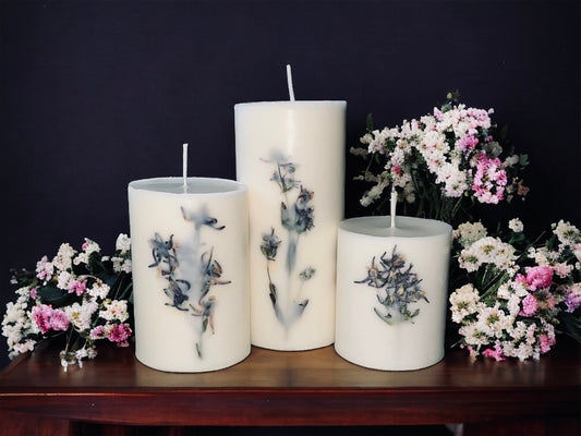 Dark Blue/White Pressed Mountain Wildcat Botanical Pillar Candle. Gifts under 15, Mother's Day, Birthday, Housewarming gift