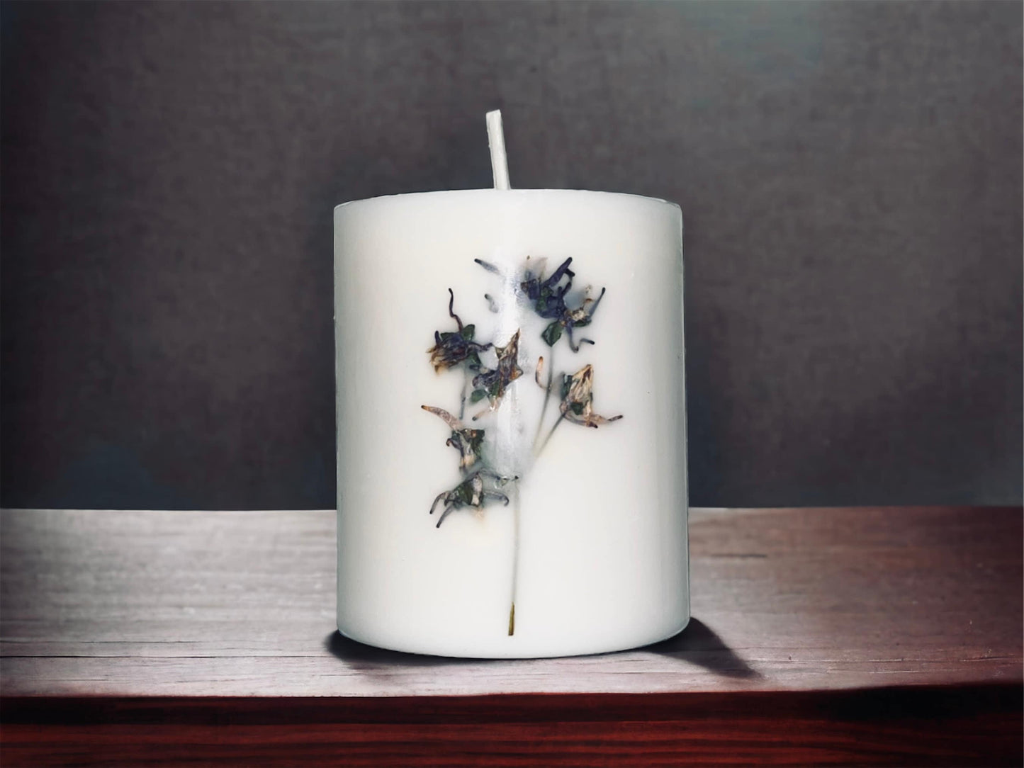 Dark Blue/White Pressed Mountain Wildcat Botanical Pillar Candle. Gifts under 15, Mother's Day, Birthday, Housewarming gift